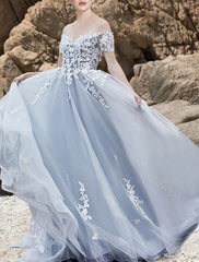 Aimishang Engagement Gothic Wedding Dresses in Color Formal Wedding Dresses A-Line Off Shoulder Short Sleeve Sweep / Brush Train Lace Bridal Gowns With Bow(s) Appliques