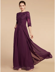 Aimishang  Sheath / Column Mother of the Bride Dress Wedding Guest Elegant Scoop Neck Floor Length Chiffon Lace Half Sleeve with Pleats Sequin