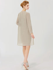 Aimishang  Sheath / Column Mother of the Bride Dress Formal Classic & Timeless Elegant & Luxurious Convertible Dress Illusion Neck Knee Length Chiffon All Over Lace Long Sleeve with Appliques