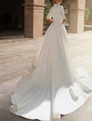 Aimishang Engagement Royal Style Formal Wedding Dresses A-Line Sweetheart Half Sleeve Court Train Satin Bridal Gowns With Ruffles Appliques