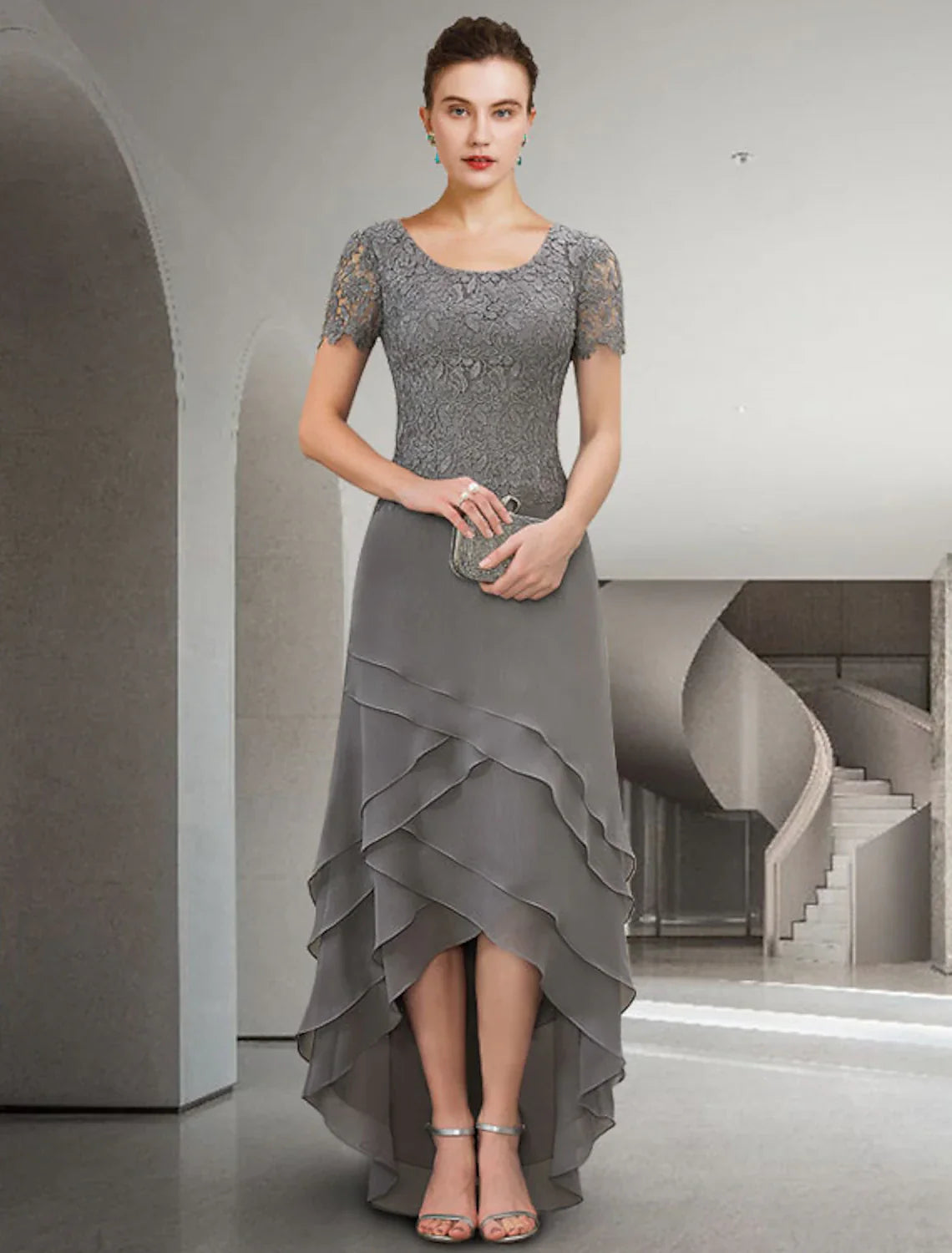 Aimishang  A-Line Mother of the Bride Dress Elegant High Low Jewel Neck Asymmetrical Floor Length Chiffon Lace Short Sleeve with Appliques Cascading Ruffles
