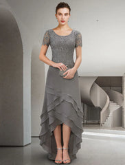 Aimishang  A-Line Mother of the Bride Dress Elegant High Low Jewel Neck Asymmetrical Floor Length Chiffon Lace Short Sleeve with Appliques Cascading Ruffles