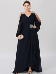 Aimishang  Sheath / Column Mother of the Bride Dress Plus Size Elegant High Low V Neck Asymmetrical Chiffon Stretch Satin Long Sleeve with Criss Cross Crystals