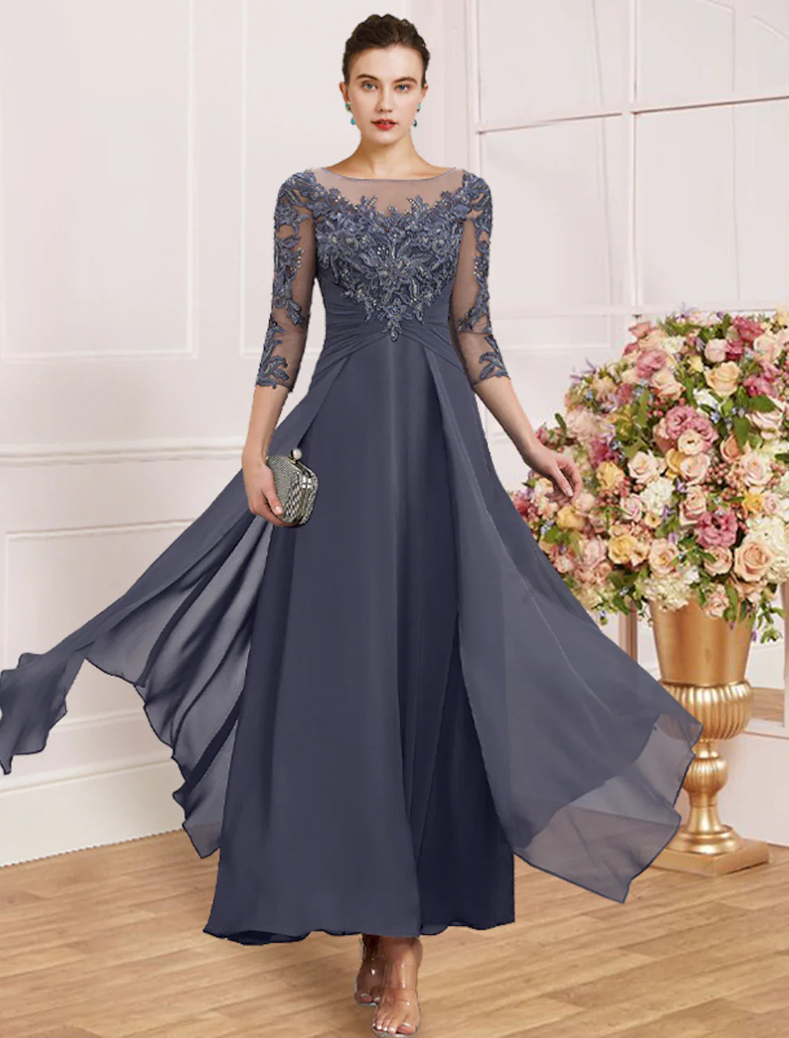 Sheath / Column Mother of the Bride Dress Wedding Guest Simple Elegant Jewel Neck Ankle Length Chiffon Lace 3/4 Length Sleeve with Pleats Sequin