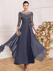 Sheath / Column Mother of the Bride Dress Wedding Guest Simple Elegant Jewel Neck Ankle Length Chiffon Lace 3/4 Length Sleeve with Pleats Sequin