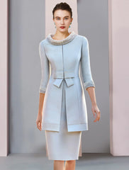 Aimishang  Two Piece Mother of the Bride Dress Wedding Guest Party Elegant Scoop Neck Knee Length Satin 3/4 Length Sleeve with Bow(s) Pearls