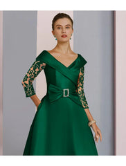 Aimishang A-Line Mother of the Bride Dress Formal Wedding Guest Elegant V Neck Tea Length Satin Lace Sequined 3/4 Length Sleeve with Bow(s) Crystal Brooch