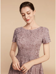Aimishang  A-Line Mother of the Bride Dress Wedding Guest Elegant Petite Jewel Neck Tea Length Lace Tulle Short Sleeve with Ruching Flower
