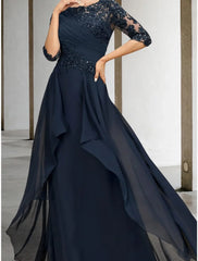 Aimishang  A-Line Mother of the Bride Dress Wedding Guest Elegant Scoop Neck Floor Length Chiffon Lace Half Sleeve with Sequin Ruching Solid Color