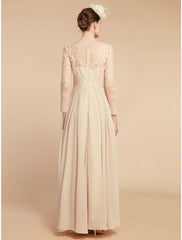 Aimishang  A-Line Mother of the Bride Dress Wedding Guest Elegant Jewel Neck Ankle Length Chiffon Lace Long Sleeve with Ruching Solid Color