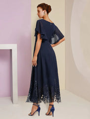Aimishang  A-Line Mother of the Bride Dress Formal Fall Wedding Guest Elegant V Neck Tea Length Chiffon Lace Short Sleeve with Appliques Crystal Brooch