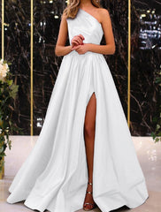 Aimishang A-Line Evening Gown Elegant Dress Wedding Guest Engagement Floor Length Sleeveless One Shoulder Satin with Pleats Slit