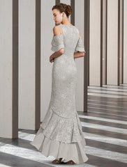 Aimishang Sheath / Column Mother of the Bride Dress Elegant High Low Jewel Neck Floor Length Chiffon Lace Short Sleeve with Ruffles