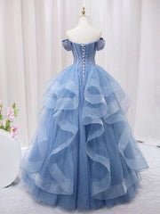 Adult dress A-line blue sheer long ball dress blue sweet dress Off Shoulder Prom Dresses