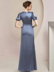 Aimishang A-Line Mother of the Bride Dress Formal Wedding Guest Party Elegant V Neck Sweep / Brush Train Satin Short Sleeve with Cascading Ruffles