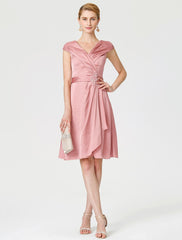 Aimishang A-Line Mother of the Bride Dress Elegant V Neck Knee Length Satin Chiffon Short Sleeve No with Sash / Ribbon Pleats Beading