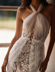 Aimishang Little White Dresses Boho Wedding Dresses Sheath / Column Camisole Sleeveless Court Train Lace Bridal Gowns With Beading Embroidery