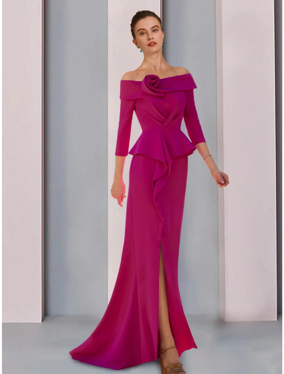 Aimishang A-Line Mother of the Bride Dress Wedding Guest Elegant Off Shoulder Sweep / Brush Train Stretch Fabric 3/4 Length Sleeve with Ruffles Split Front Ruching