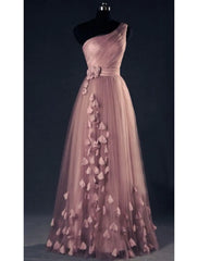 A-Line Prom Dresses Elegant Dress Wedding Floor Length Sleeveless One Shoulder Tulle with Appliques