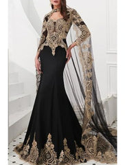 Aimishang Mermaid Black Dress Evening Gown Black Dress Vintage Halloween Engagement Court Train Long Sleeve High Neck Wednesday Addams Family Satin with Appliques