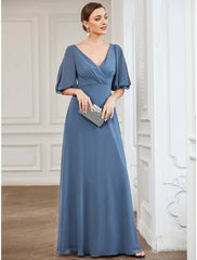 A-Line Evening Gown Dress Wedding Guest Floor Length Half Sleeve V Neck Chiffon with Pleats