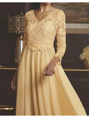 Aimishang A-Line Mother of the Bride Dress Wedding Guest Elegant V Neck Tea Length Chiffon Lace 3/4 Length Sleeve with Pleats Appliques