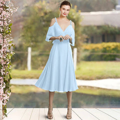 A-Line Mother of the Bride Dress Elegant Sweet V Neck Tea Length Chiffon Sleeveless with Sash / Ribbon