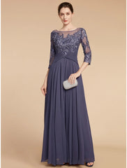Aimishang A-Line Mother of the Bride Dress Wedding Guest Elegant Scoop Neck Floor Length Chiffon Lace 3/4 Length Sleeve with Ruching Solid Color
