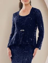 Aimishang Two Piece A-Line Mother of the Bride Dress Formal Wedding Guest Elegant Scoop Neck Floor Length Lace Long Sleeve with Sequin Crystal Brooch