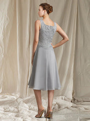 Two Piece A-Line Mother of the Bride Dress Church Elegant Jewel Neck Knee Length Chiffon Lace Sleeveless Wrap Included