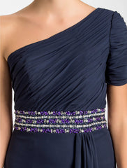 Sheath / Column Mother of the Bride Dress Sparkle & Shine One Shoulder Floor Length Chiffon Short Sleeve with Beading Draping Side