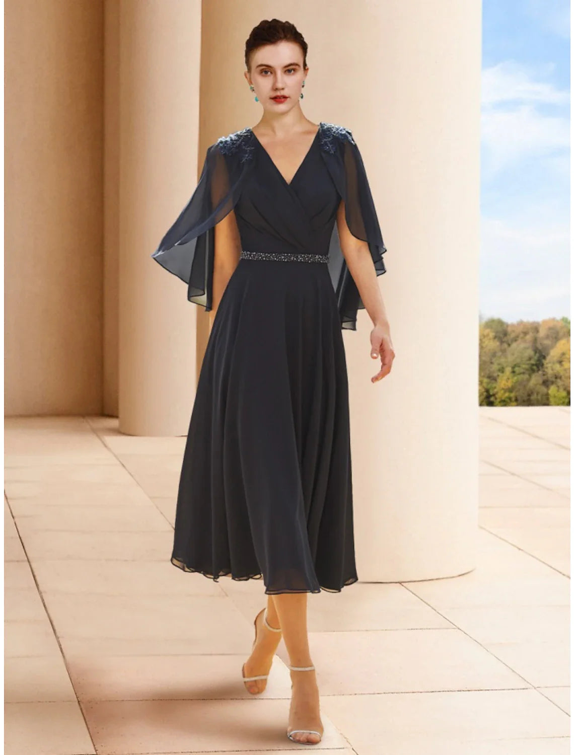 Aimishang  A-Line Mother of the Bride Dress Wedding Guest Elegant Petite V Neck Tea Length Chiffon Half Sleeve with Sequin Ruching