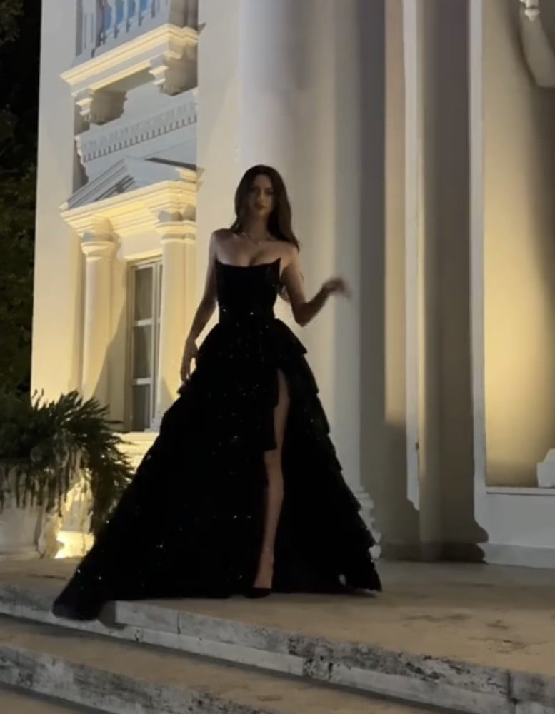 A-Line Tulle Black Sequins Long Prom Dresses,Evening Dresses