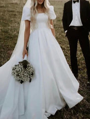 Aimishang Formal Wedding Dresses Ball Gown Square Neck Short Sleeve Chapel Train Satin Bridal Gowns With Solid Color