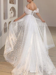 Aimishang Beach Glitter & Sparkle Wedding Dresses Mermaid / Trumpet Off Shoulder Cap Sleeve Court Train Satin Bridal Gowns With Solid Color