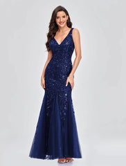 Elegant Party Wear Formal Evening Dress V Neck V Back Sleeveless Floor Length Tulle with Embroidery