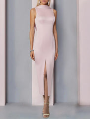 Sheath / Column Cocktail Dresses Open Back Dress Wedding Guest Semi Formal Ankle Length Sleeveless High Neck Satin Backless with Slit 2025
