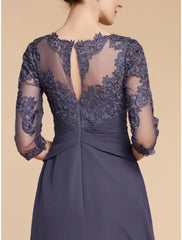 Aimishang A-Line Mother of the Bride Dress Wedding Guest Elegant Scoop Neck Ankle Length Chiffon Lace 3/4 Length Sleeve with Ruching Solid Color