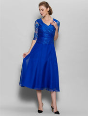 Aimishang  A-Line Mother of the Bride Dress Plus Size Elegant V Neck Tea Length Chiffon Lace Half Sleeve No with Lace Criss Cross Ruched