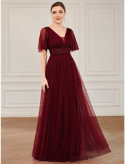 A-Line Bridesmaid Dress V Neck Short Sleeve Plus Size Floor Length Tulle with Ruffles / Draping / Tier 2024 / Butterfly Sleeve