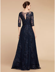 Aimishang  A-Line Mother of the Bride Dress Formal Wedding Guest Elegant Party Scoop Neck Floor Length Chiffon Lace 3/4 Length Sleeve with Sequin Appliques