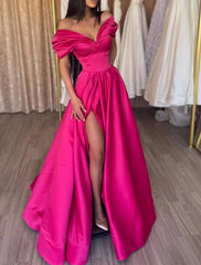 Aimishang A-Line Evening Gown Party Dress Sexy Dress Prom Birthday Floor Length Short Sleeve Off Shoulder Satin with Slit Pure Color