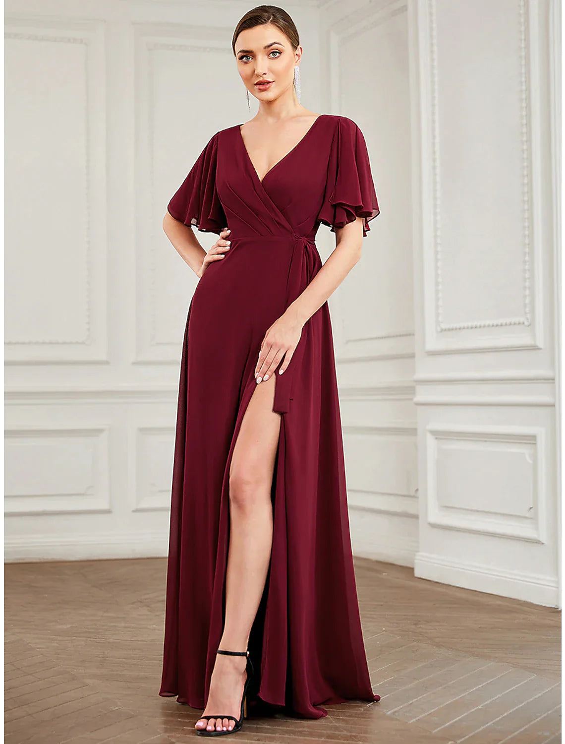 A-Line Bridesmaid Dress V Neck Short Sleeve Elegant Floor Length Chiffon with Ruffles / Draping / Bandage