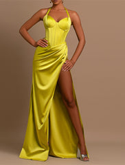 Mermaid / Trumpet Evening Gown Corsets Dress Formal Wedding Guest Floor Length Sleeveless Halter Neck Satin with Ruched Slit 2025