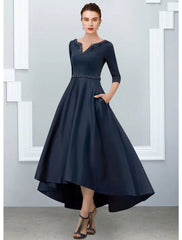 Aimishang  A-Line Mother of the Bride Dress Elegant High Low V Neck Asymmetrical Ankle Length Satin Half Sleeve with Pleats