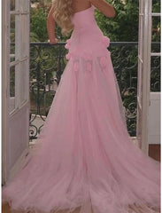 A-Line Prom Dresses Elegant Dress Formal Court Train Sleeveless Strapless Tulle with Slit With Flowers