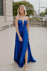 V Neck Pleated Satin Royal Blue Prom Dresses with Bow Back