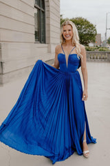 V Neck Pleated Satin Royal Blue Prom Dresses with Bow Back