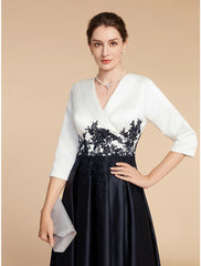 Aimishang  A-Line Mother of the Bride Dress Wedding Guest Elegant Petite V Neck Asymmetrical Satin Lace Half Sleeve with Ruching
