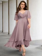 Aimishang A-Line Mother of the Bride Dresses Plus Size Hide Belly Curve Elegant Dress Formal Asymmetrical Short Sleeve V Neck Chiffon with Ruffles Appliques